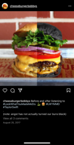 Cheeseburger Bobby's Instagram post showcasing a split screen on a fresh burger and a burger with a burnt bun