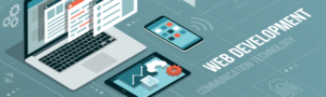 web development graphic featuring a laptop, phone, and tablet