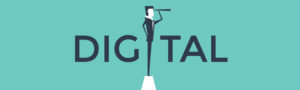 The word digital spelled out but the second I is man on a podium looking out of a telescope