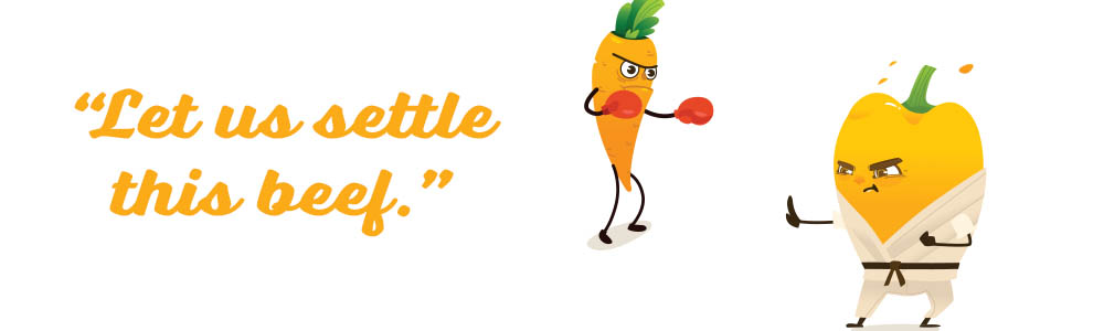 Yellow pepper doing karate and a carrot boxing