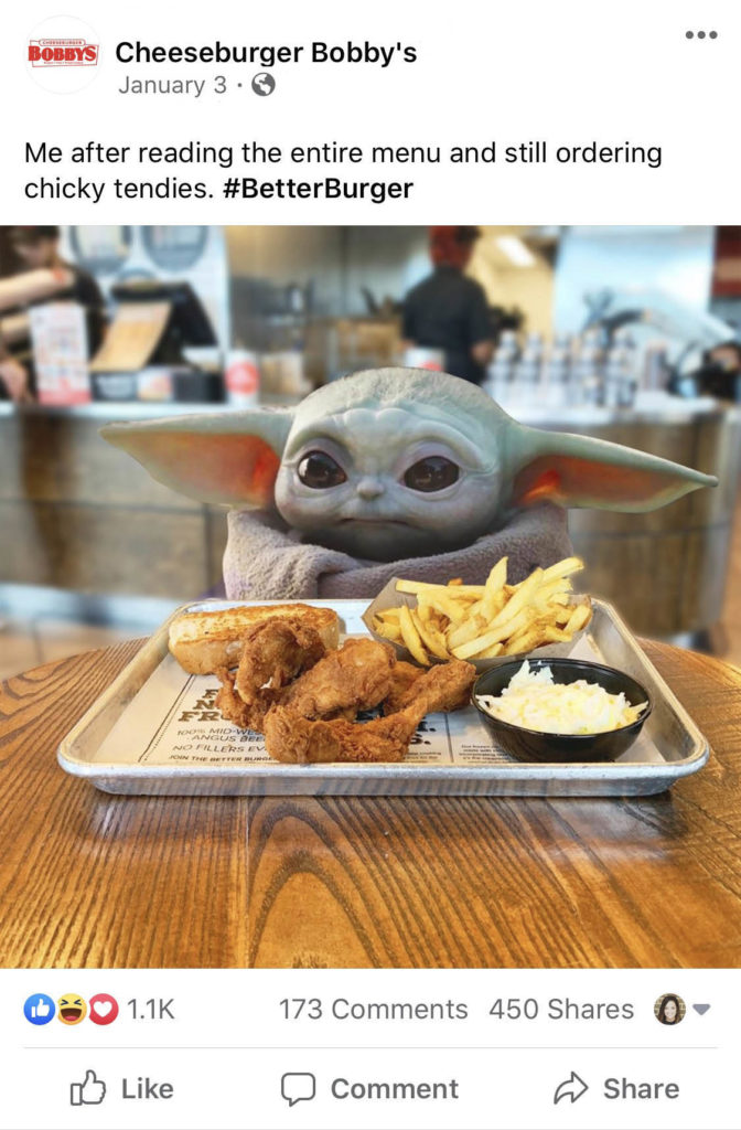Baby Yoda Cheeseburger Bobby's Facebook post