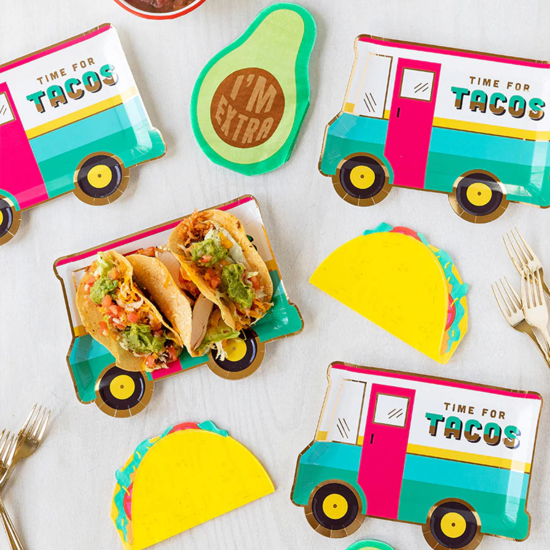 Taco truck plates and avocado and taco napkins